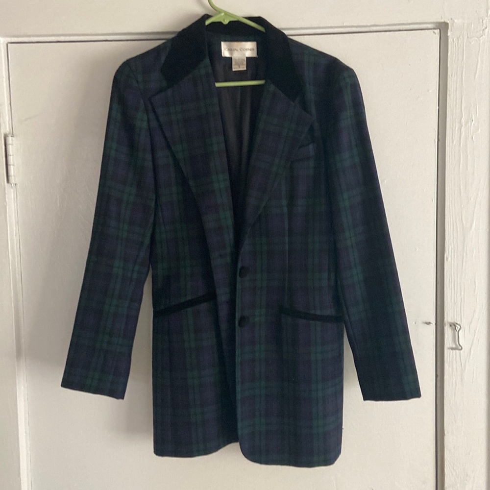 Vintage wool plaid wide lapel velvet collar fitted long suit jacket